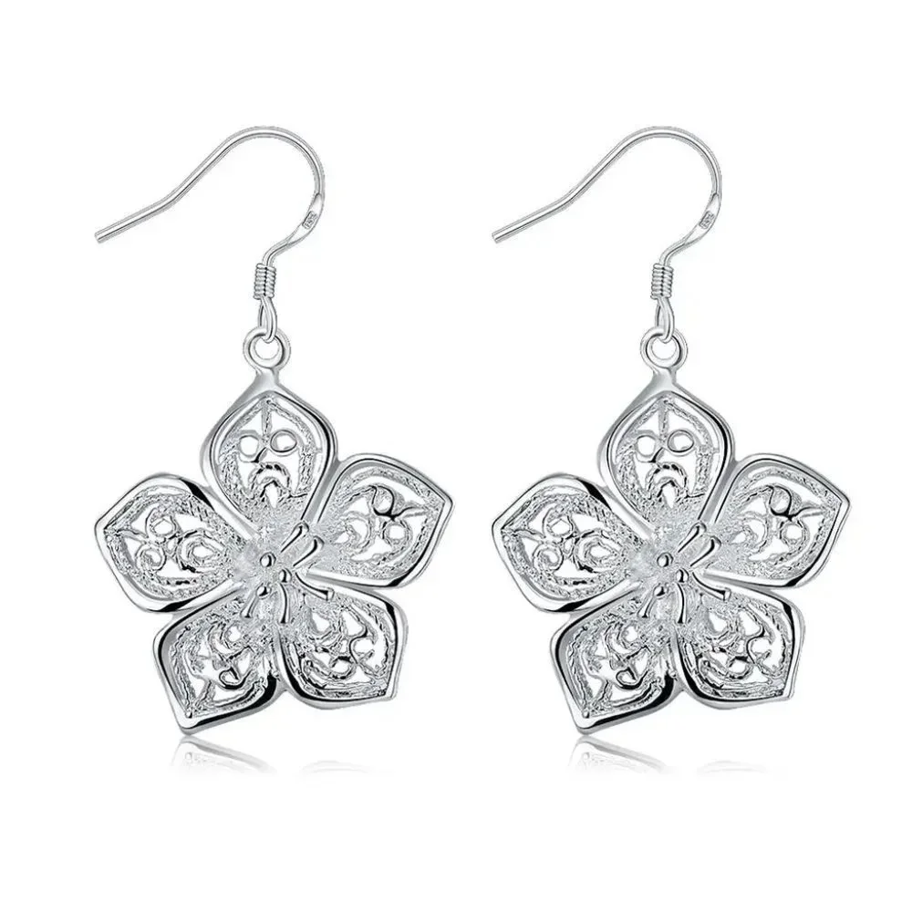 Gorgeous 3D Flower .925 Sterling Silver Hanging Earrings " Hypoallergenic " - Picture 8 of 8